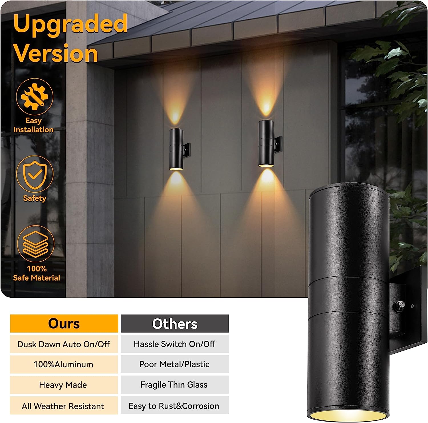 Modern Dusk to Dawn Outdoor Wall Light by SUMETAS - Waterproof Aluminum Sconce for Front Porch