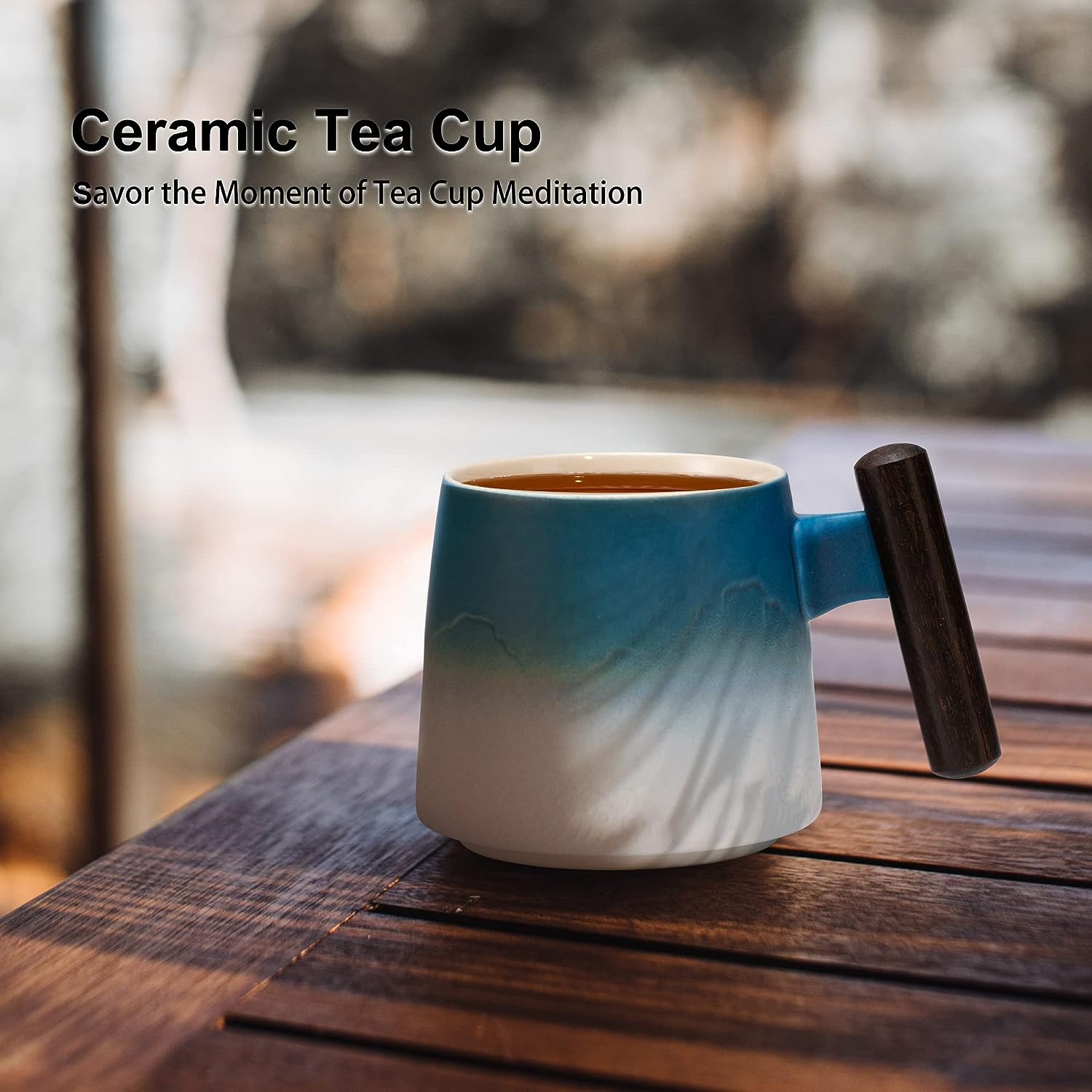 Gradient Black & White Ceramic Tea Cup with Infuser, Lid, and Wooden Handle - 400ml (White))