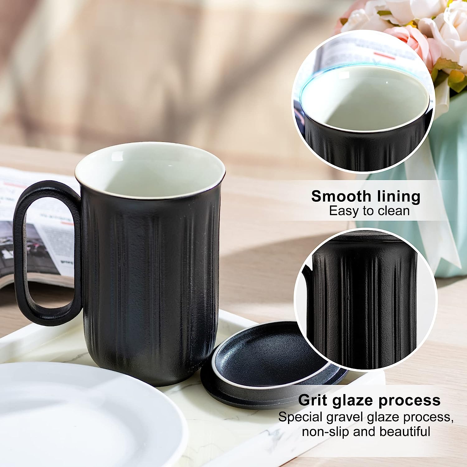 SUMETAS Ceramic Mug With Lid 18 Oz Large Coffee Cup Dishwasher Safe Gift - Black/White