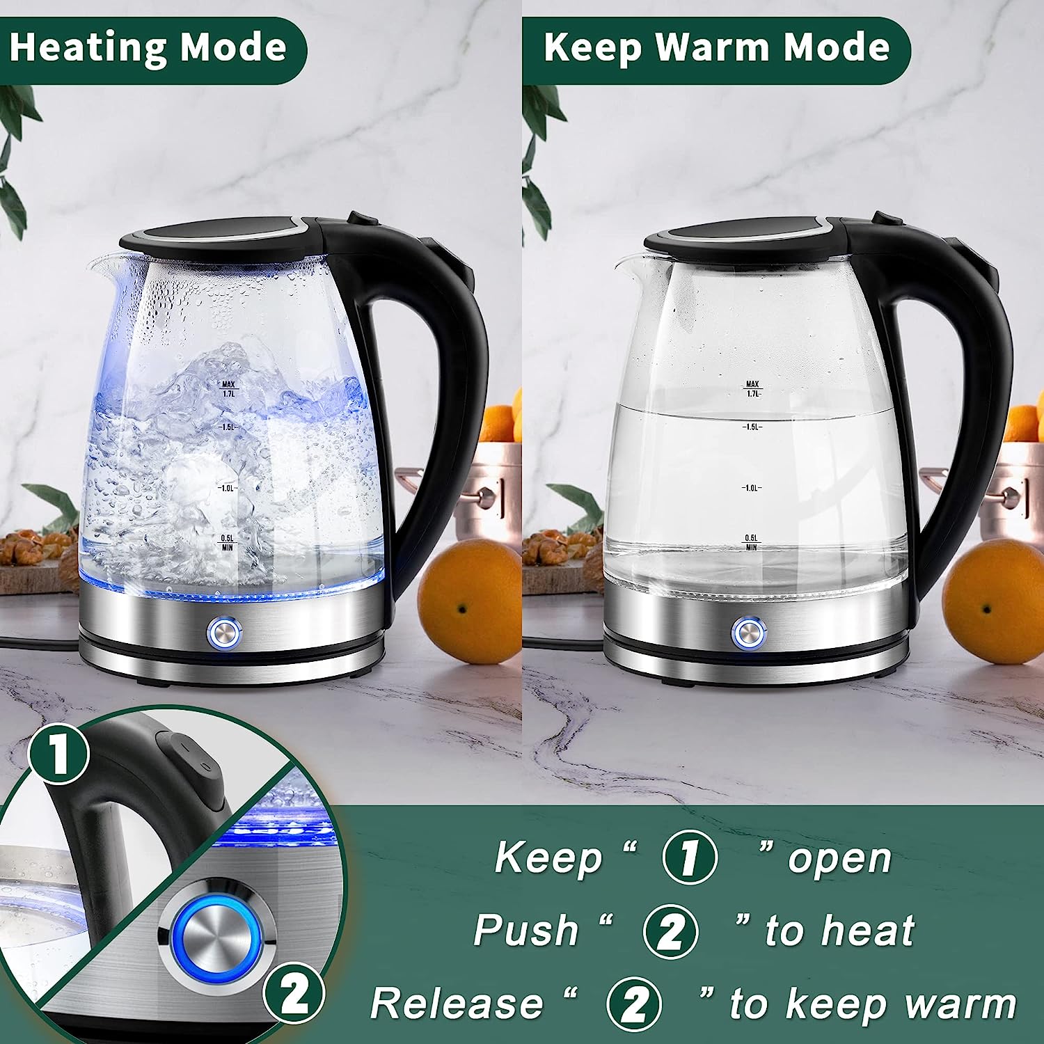 Glass Electric Kettle - 1.7L with Keep Warm, LED Indicator, Auto Shut-Off, and Boil-Dry Protection