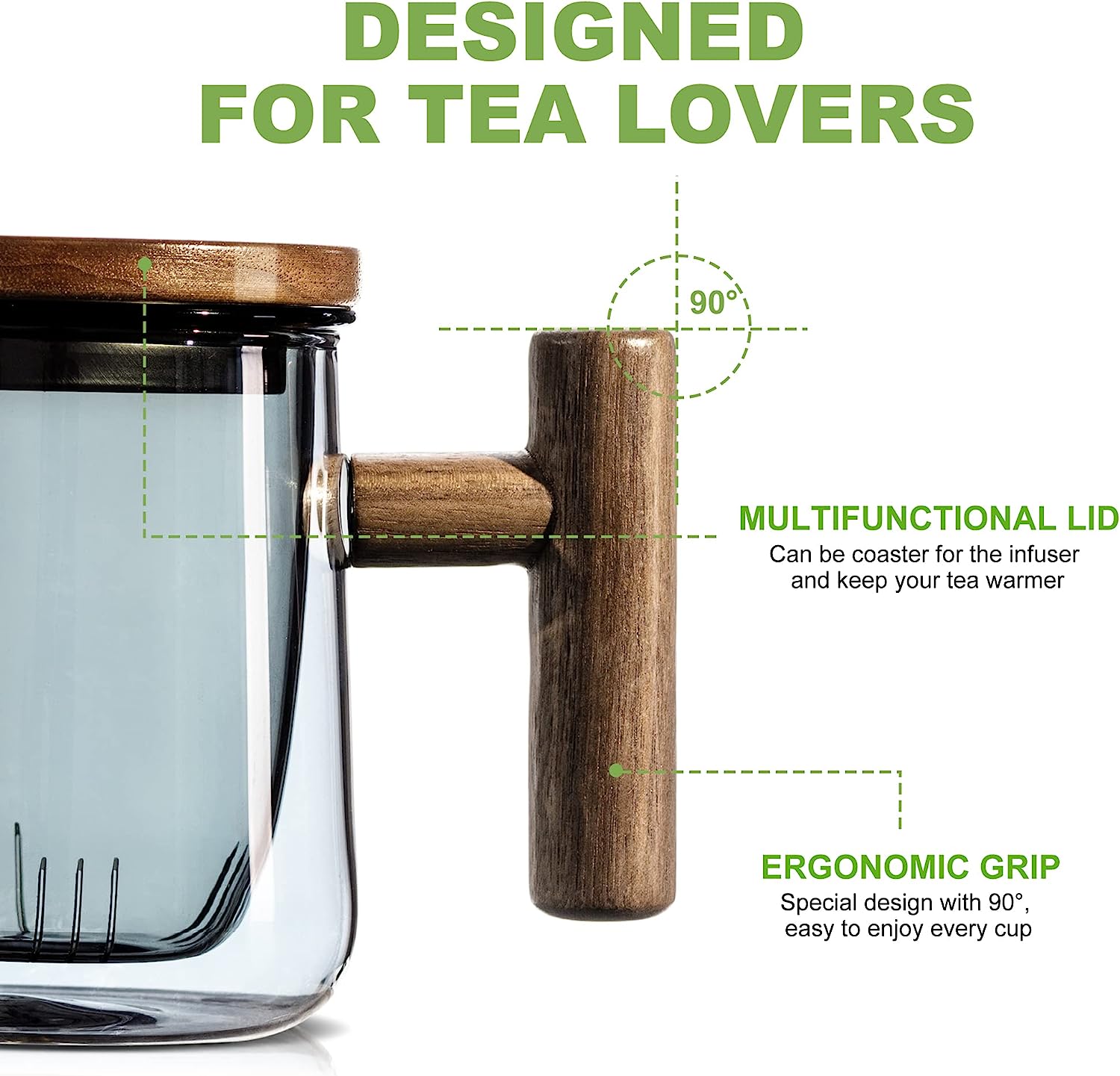 Gray Glass Tea Cup with Infuser and Lid - 13.5oz Capacity, Wooden Handle - Perfect for Home, Office, and Gifting