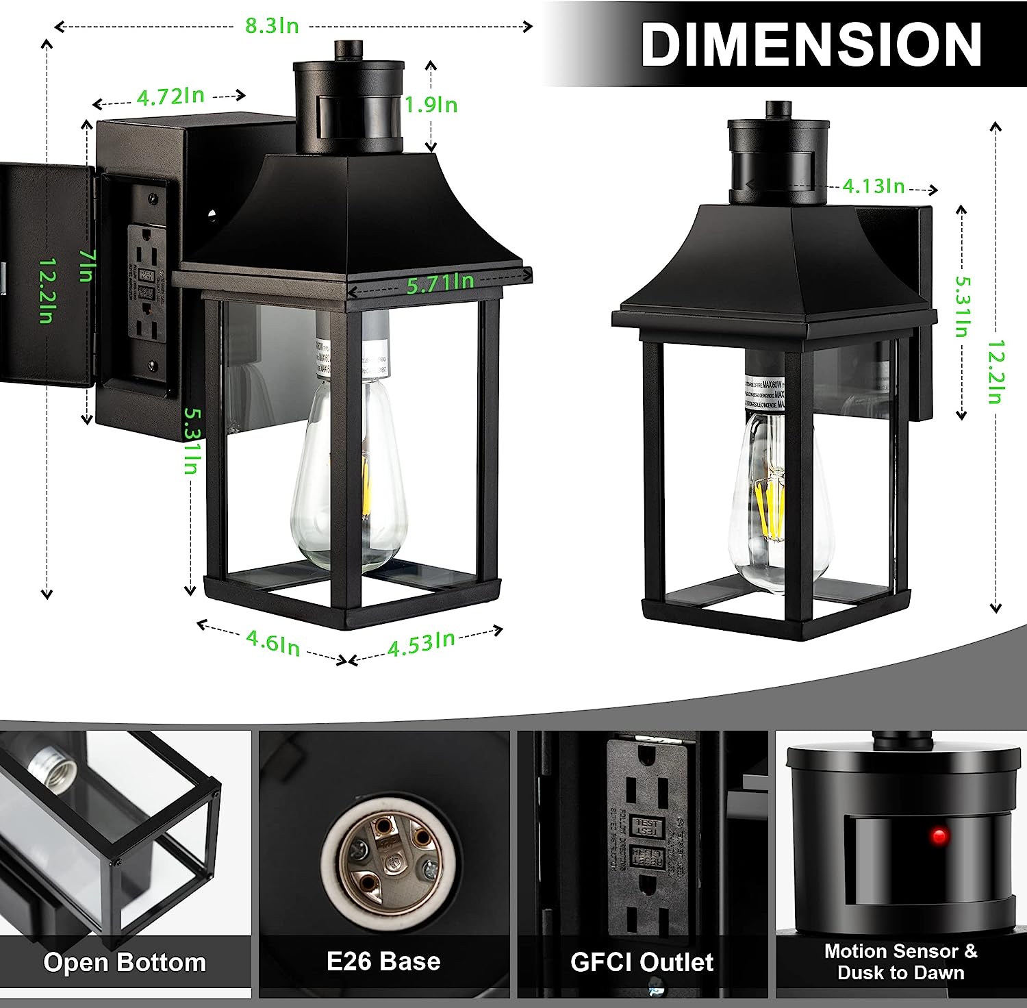 Motion sensor porch lights with GFCI outlet, 3 modes, waterproof (2 pack)