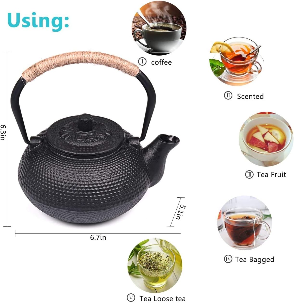 Japanese Cast Iron Teapot with Stainless Steel Infuser, Stovetop Safe - 22oz/650ml Capacity, Enameled Interior