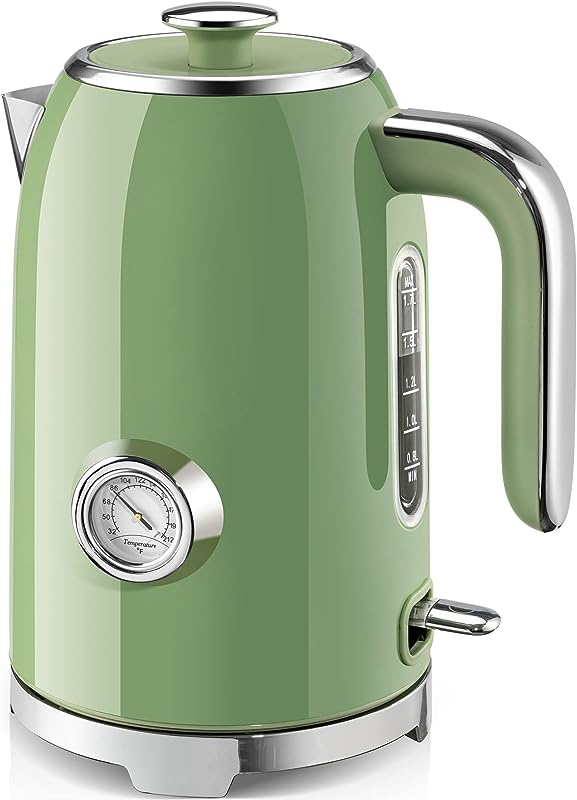 Fast-heating 57oz electric kettle with thermometer, auto shut-off, cordless (Green)