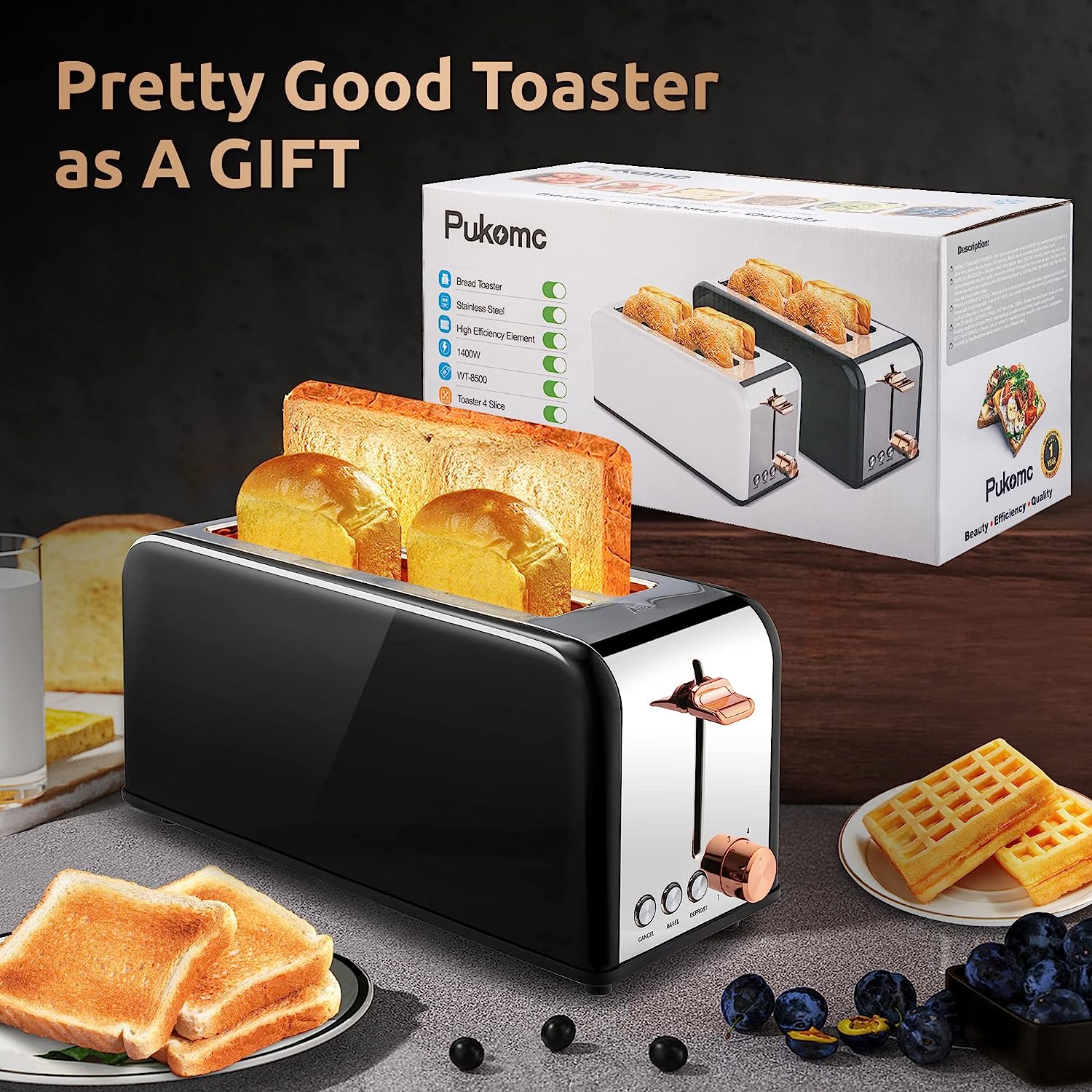 Stainless Steel 4-Slice Toaster with Wide Slots and 6 Browning Levels -  WT-8500