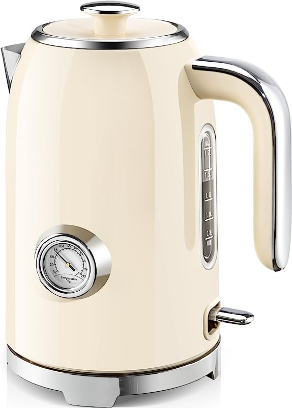 Fast-heating 57oz electric kettle with thermometer, auto shut-off, cordless (beige)